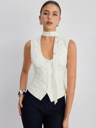 Lace U-Neckline Floral Button Blazer Vest