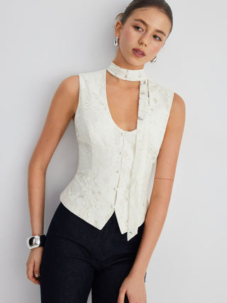 Lace U-Neckline Floral Button Blazer Vest