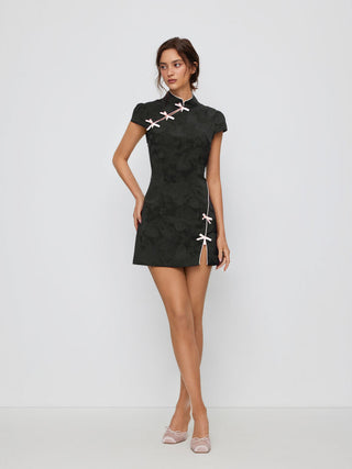 Jacquard Stand Collar Puff Sleeve Bowknot Split A-line Mini Dress