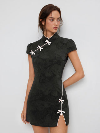 Jacquard Stand Collar Puff Sleeve Bowknot Split A-line Mini Dress