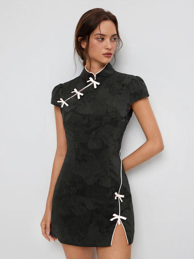 Jacquard Stand Collar Puff Sleeve Bowknot Split A-line Mini Dress