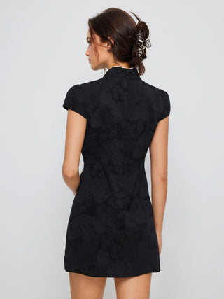 Jacquard Stand Collar Puff Sleeve Bowknot Split A-line Mini Dress