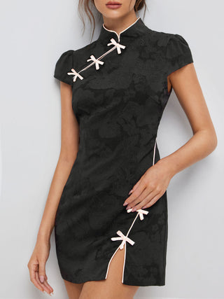 Jacquard Stand Collar Puff Sleeve Bowknot Split A-line Mini Dress