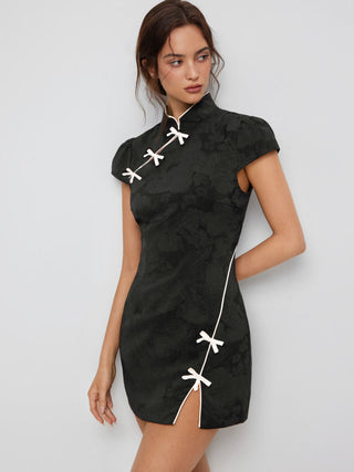 Jacquard Stand Collar Puff Sleeve Bowknot Split A-line Mini Dress