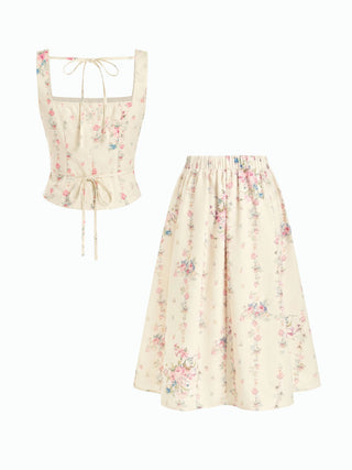 Textured Floral Square Neck Corset Top & Mid Rise Flared Midi Skirt Set