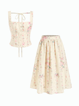 Textured Floral Square Neck Corset Top & Mid Rise Flared Midi Skirt Set