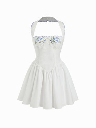 Cotton-blend Floral Halter Neckline Short Sleeve Embroidery Bowknot Mini Dress