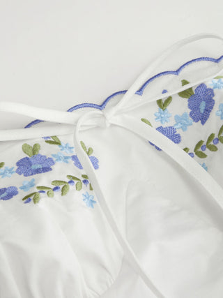 Cotton-blend Floral Halter Neckline Short Sleeve Embroidery Bowknot Mini Dress