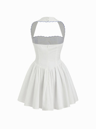 Cotton-blend Floral Halter Neckline Short Sleeve Embroidery Bowknot Mini Dress