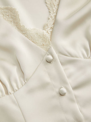 Satin Lace Trim Bell Sleeve Top & Mid Rise Mini Skirt Set
