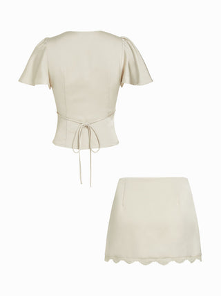 Satin Lace Trim Bell Sleeve Top & Mid Rise Mini Skirt Set