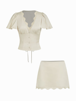 Satin Lace Trim Bell Sleeve Top & Mid Rise Mini Skirt Set