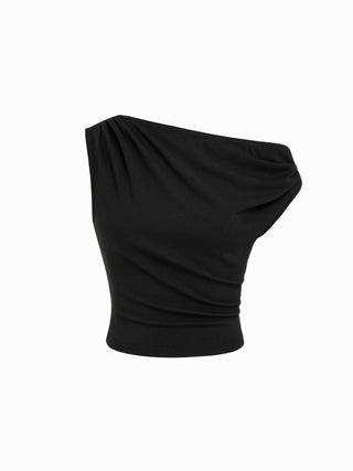 Asymmetrical Neck Ruched Crop Top & Mid Rise Lace Midi Skirt Set