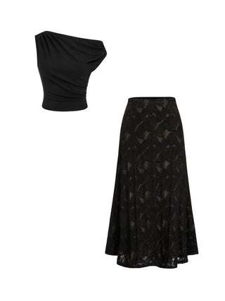 Asymmetrical Neck Ruched Crop Top & Mid Rise Lace Midi Skirt Set