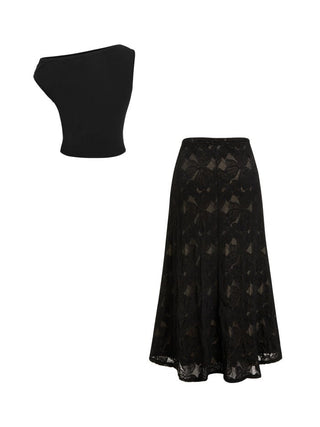 Asymmetrical Neck Ruched Crop Top & Mid Rise Lace Midi Skirt Set