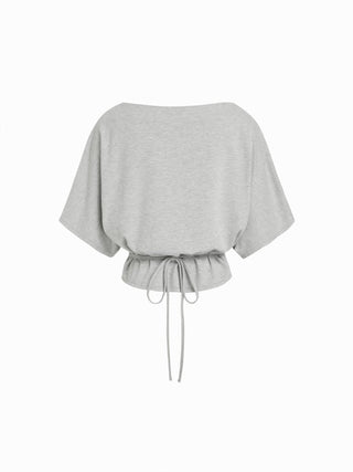 Cotton-blend Boat Neck Batwing Sleeve Drawstring Tee