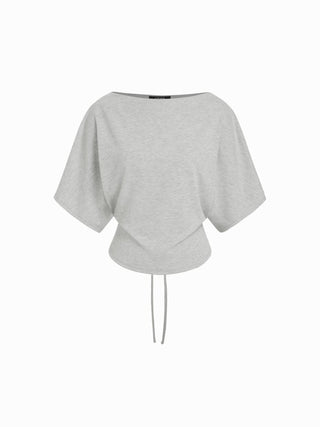 Cotton-blend Boat Neck Batwing Sleeve Drawstring Tee