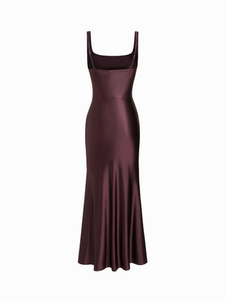 Satin Sculptural Square Neck Ruched Mermaid Maxi Dress