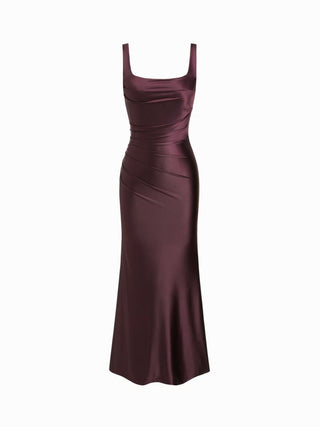 Satin Sculptural Square Neck Ruched Mermaid Maxi Dress