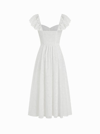 Cotton-blend Broderie Anglaise Sweetheart Ruffle Sleeve Flared Maxi Dress