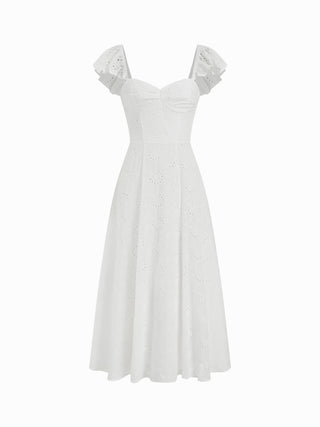 Cotton-blend Broderie Anglaise Sweetheart Ruffle Sleeve Flared Maxi Dress