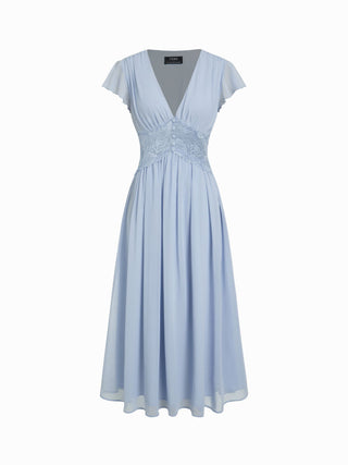 Chiffon V-neck Ruffle Sleeve Lace Detail Draped Flared Maxi Dress