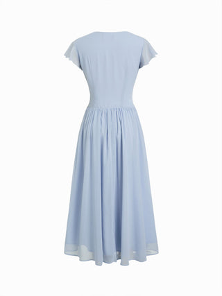 Chiffon V-neck Ruffle Sleeve Lace Detail Draped Flared Maxi Dress