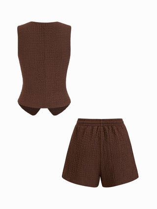 Textured V-neck Metal Detail Top & Mid Rise Drawstring Shorts Set