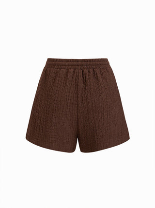 Textured V-neck Metal Detail Top & Mid Rise Drawstring Shorts Set