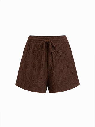 Textured V-neck Metal Detail Top & Mid Rise Drawstring Shorts Set