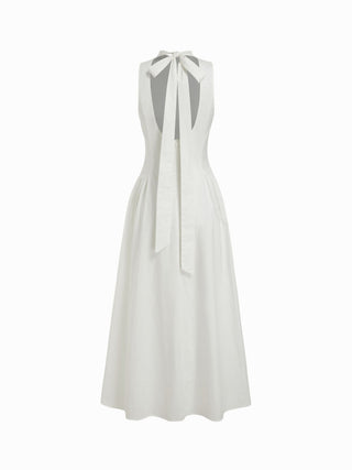 Cotton High Neck Backless Bowknot A-line Maxi Dress