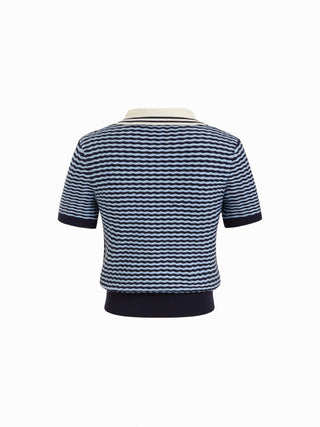 Knit Stripes Polo Neck Colorblock Short Sleeve Top