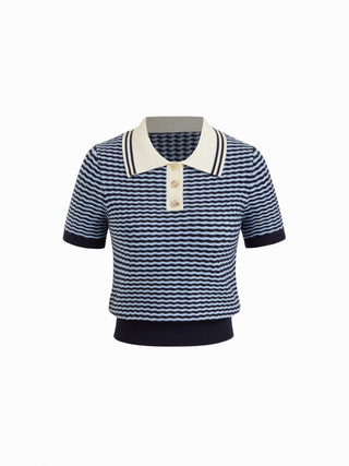 Knit Stripes Polo Neck Colorblock Short Sleeve Top