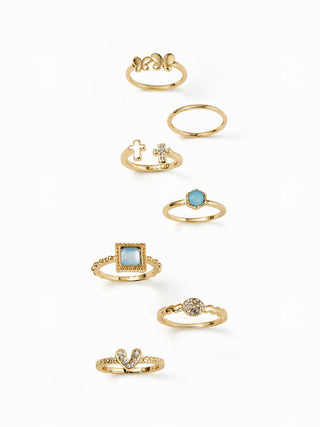 7PCS GEMSTONE & RHINESTONE RING SET