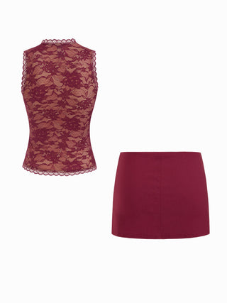 Lace Cut Out Halter Neck Top & Low Rise A-line Mini Skirt Set