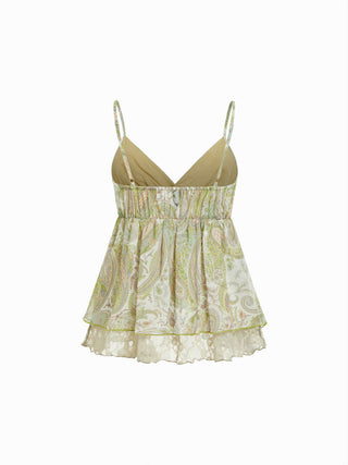 Chiffon Paisley Graphic V-neck Lace Panel Cami Blouse