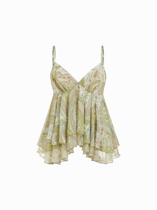 Chiffon Paisley Graphic V-neck Lace Panel Cami Blouse