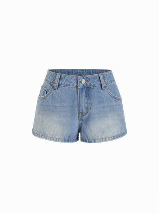 Denim Low Rise Strawberry Graphic Metal Detail Micro Shorts