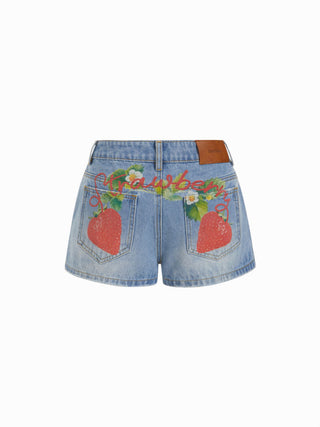 Denim Low Rise Strawberry Graphic Metal Detail Micro Shorts