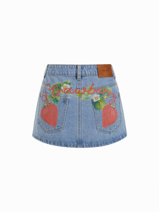 Denim Low Rise Strawberry Graphic Washed Metal Detail A-line Micro Mini Skirt