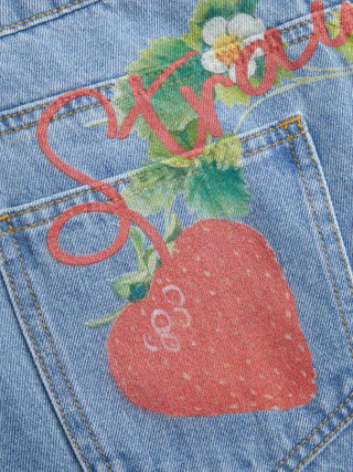 Denim Low Rise Strawberry Graphic Washed Metal Detail A-line Micro Mini Skirt