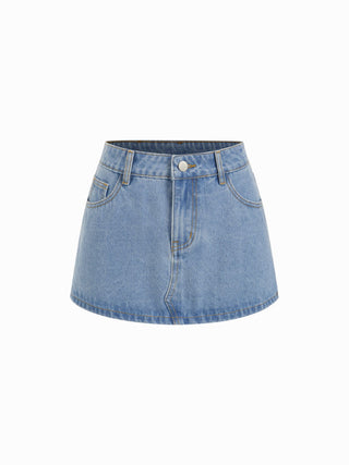 Denim Low Rise Strawberry Graphic Washed Metal Detail A-line Micro Mini Skirt