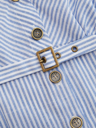 Cotton-blend Stripe Collar Metal Button Belted Blouses