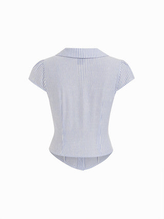 Cotton-blend Stripe Collar Metal Button Belted Blouses