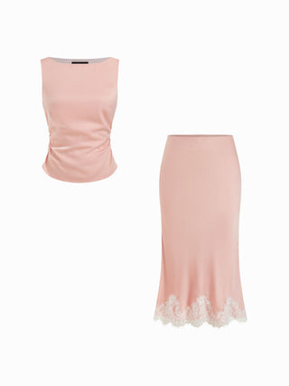Satin Sleeveless Top and Lace Trim Maxi Skirt Set