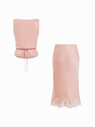Satin Sleeveless Top and Lace Trim Maxi Skirt Set