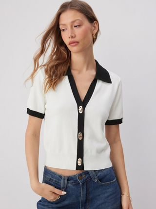 Knit Collar Colorblock Metal Button Short Sleeve Top