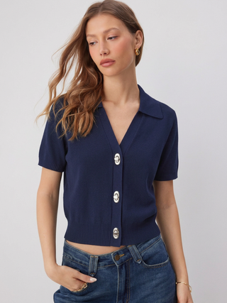 Knit Collar Colorblock Metal Button Short Sleeve Top