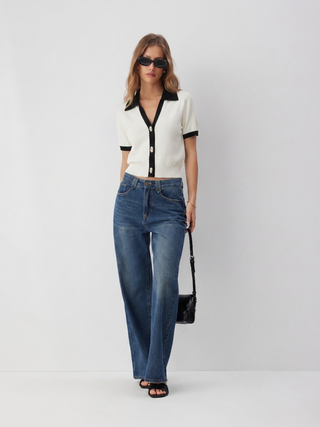 Knit Collar Colorblock Metal Button Short Sleeve Top