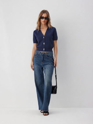 Knit Collar Colorblock Metal Button Short Sleeve Top